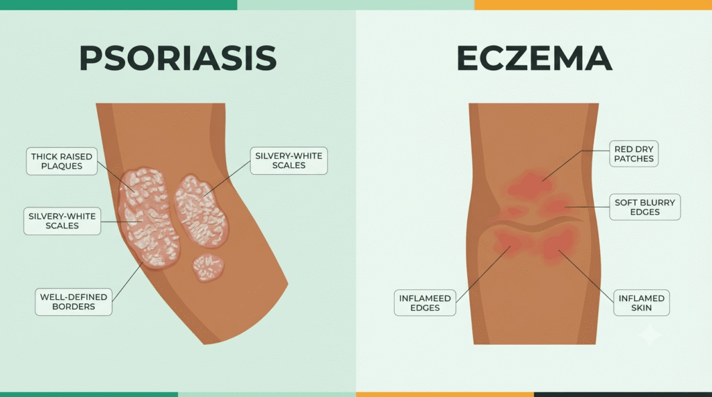 A descriptive infographic picture of psoriasis and eczema explaining the image of psoriasis and eczema compared – thick silvery psoriasis plaques versus red, dry, itchy eczema patches