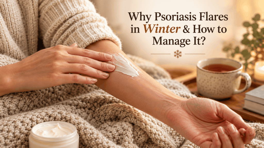Woman applying moisturiser on her arm during winter, representing seasonal psoriasis skin care and cold weather management